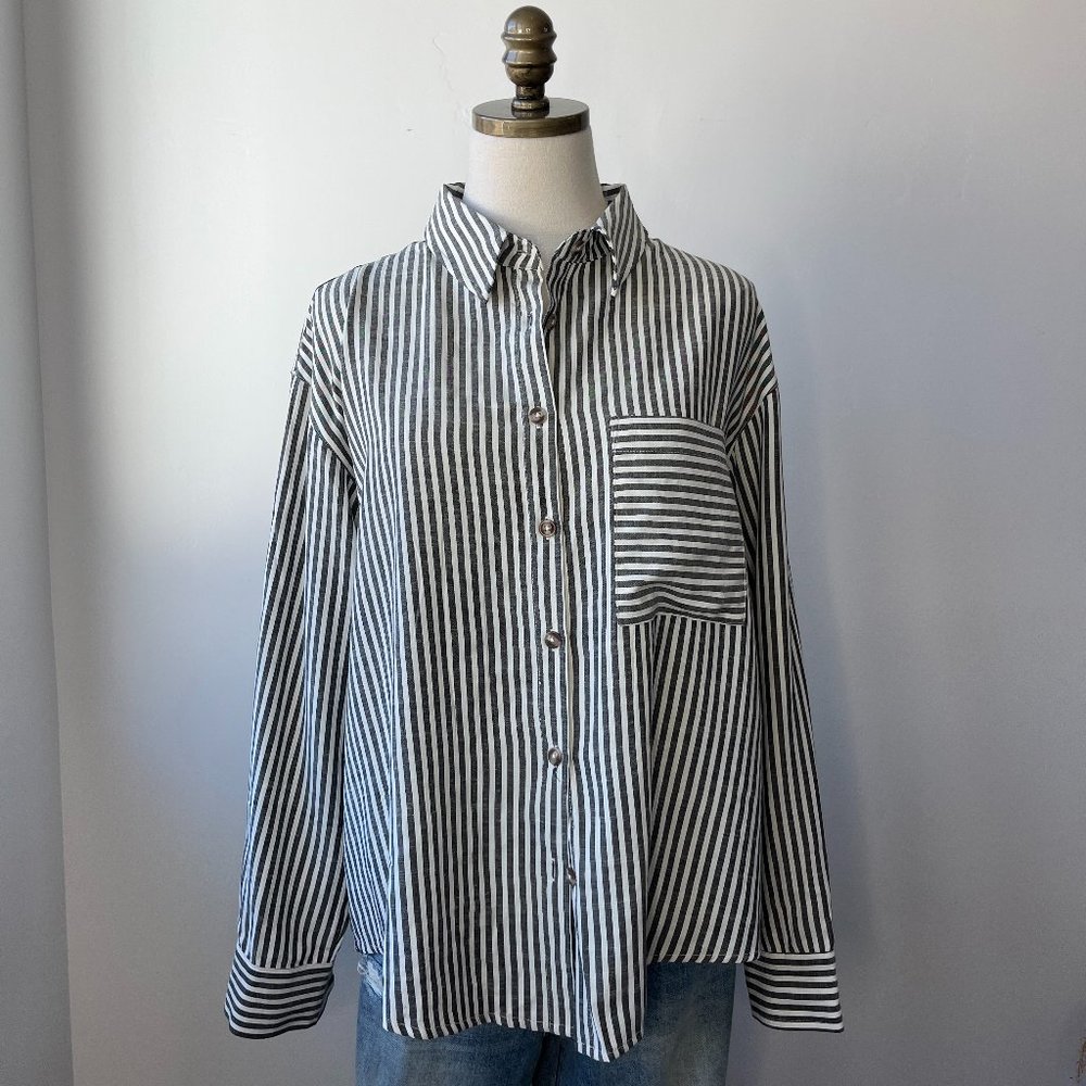 Grey Striped Casual Button Down